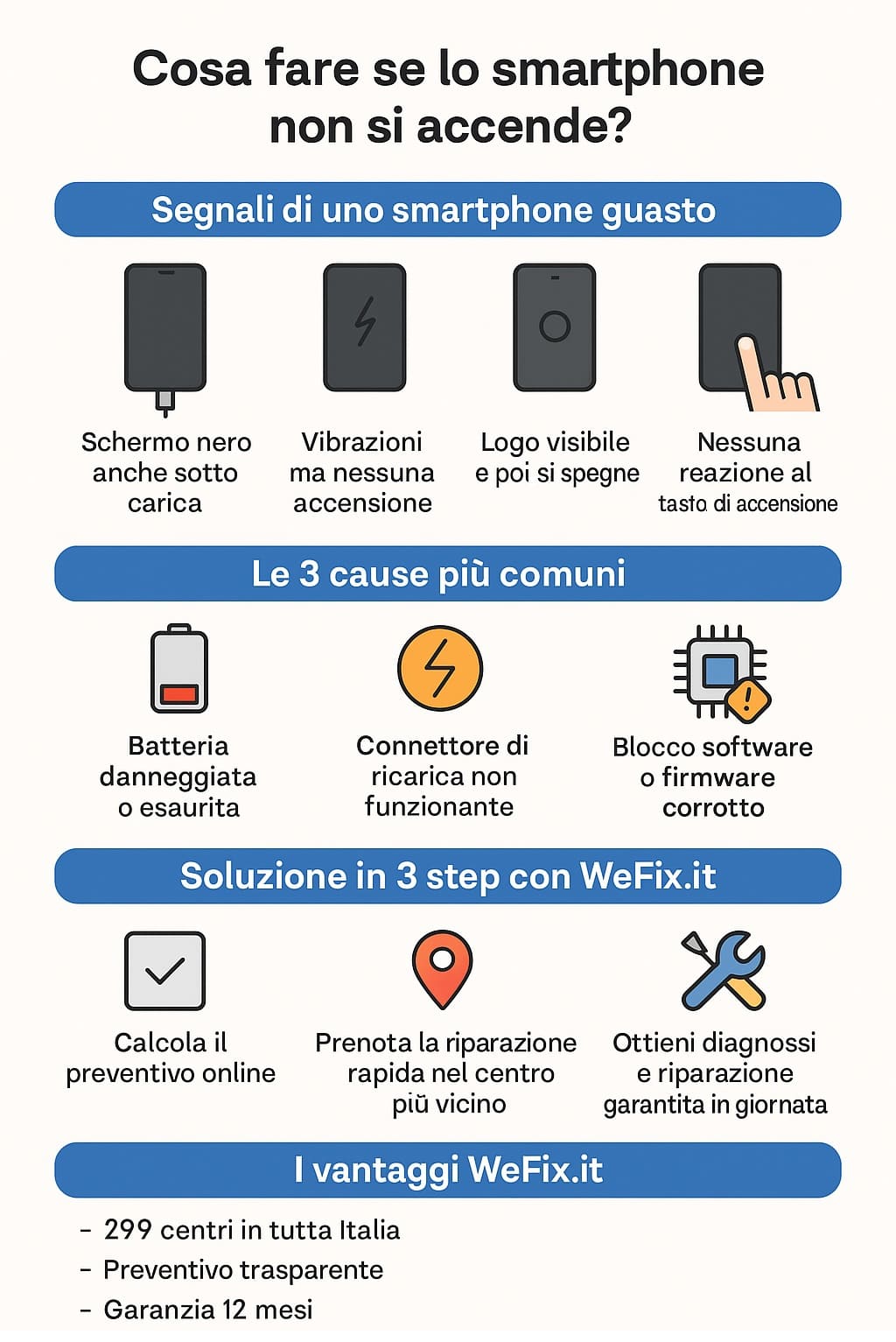 Infografica sui problemi comuni di uno smartphone che non si accende e come risolverli con WeFix.it Cosa fare se lo smartphone non si accende - guida WeFix.it